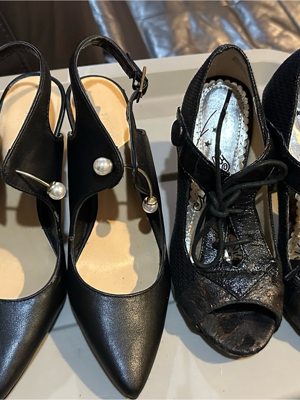 Black Pearl-Accent Pointed Slingback Heels and Naughty Monkey heels